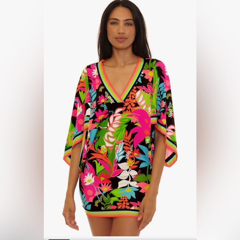 NWT Trina Turk Black Multicolor Floral V-Neck Swim Coverup , Tiki, Large.